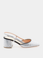 Sandale à talon Rupert Sanderson Otranto Lady argentée avec paillettes, bout carré, sangle élégante et finition cuir luxe