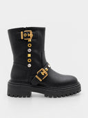 Bottines biker à boucles et clous dorés – Noir